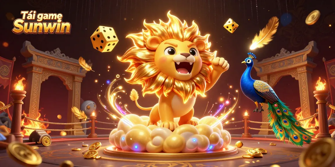 Tải game Sunwin with a vibrant 3D sun lion and golden dice amidst a dazzling casino backdrop.