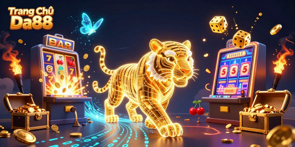 Experience the thrill at Trang Chủ Da88 with a golden tiger prowling amidst a vibrant digital casino.
