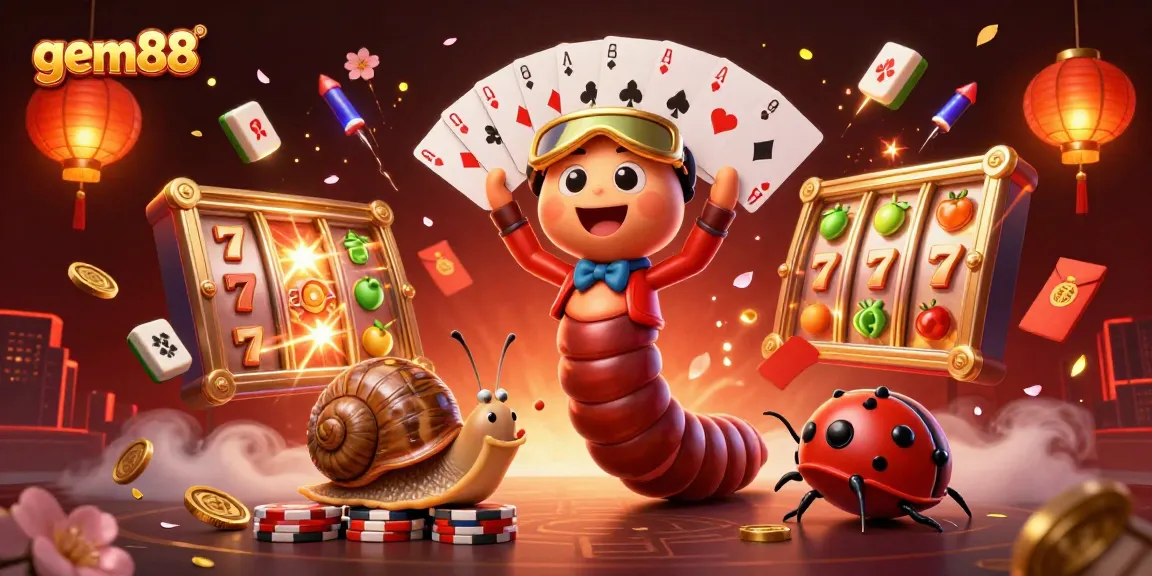 Experience excitement at gem88 with a vibrant 3D cartoon casino scene filled with playful characters and game elements.