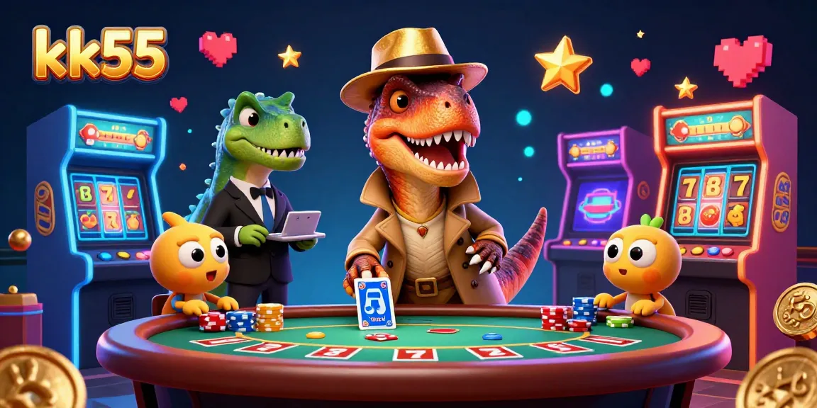 Experience thrilling slot action at kk55 with a velociraptor card counter and a stegosaurus pit boss in a vibrant casino scene.