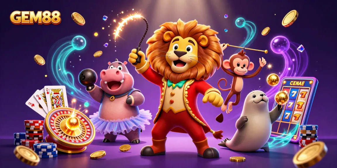 Experience GEM88 with lively characters surrounded by sparkling slot machines and casino elements.