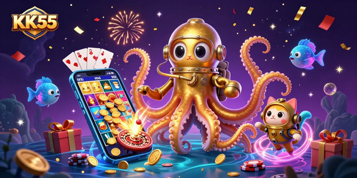 Experience the excitement at KK55 with our colorful casino-themed illustration featuring a diving cat, a kraken, and vibrant gaming elements.