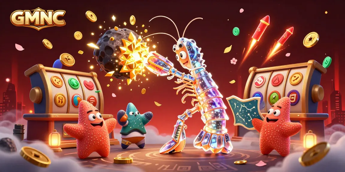 GMNC casino scene with galactic samurai mantis shrimp bursting through an asteroid, scattering golden coins.