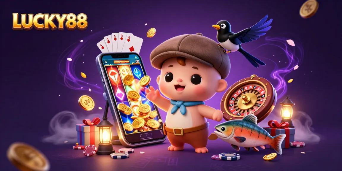 Win big with LUCKY88 slots featuring playful characters and vibrant casino elements.