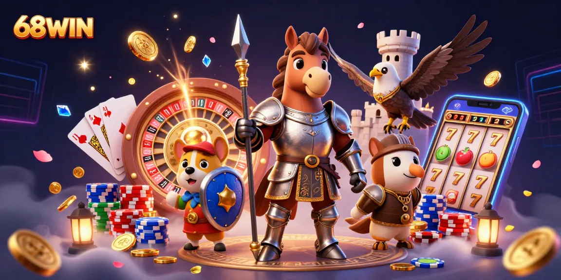 Experience the thrilling adventures of 68WIN casino with vibrant gaming elements and dynamic scenes.