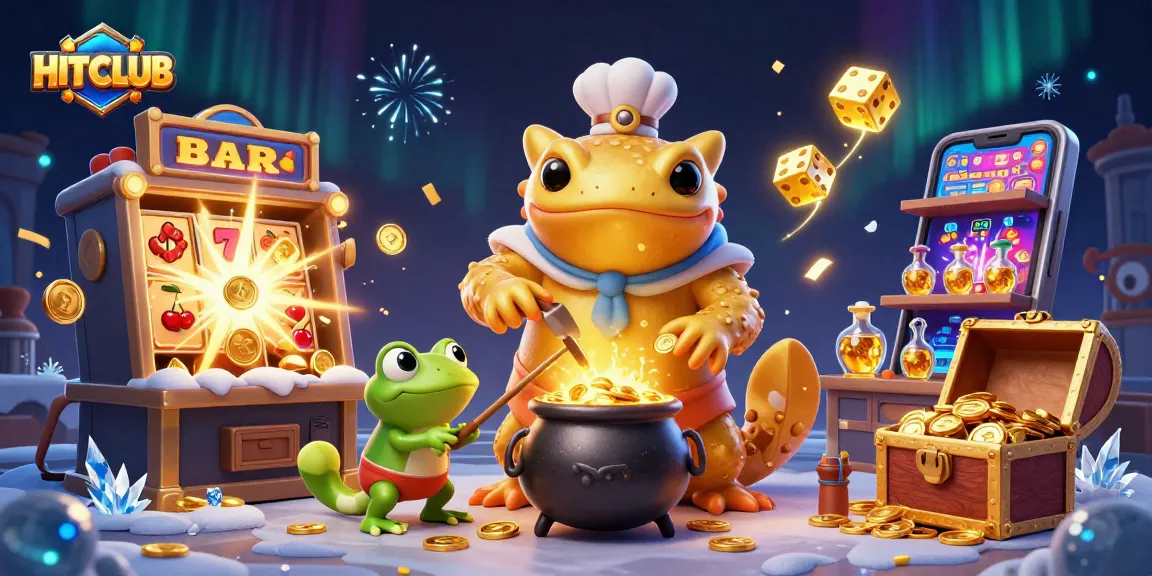 Engage in the HITCLUB casino world with a vibrant scene of alchemy, golden coins, and thrilling slots exploding with prizes.