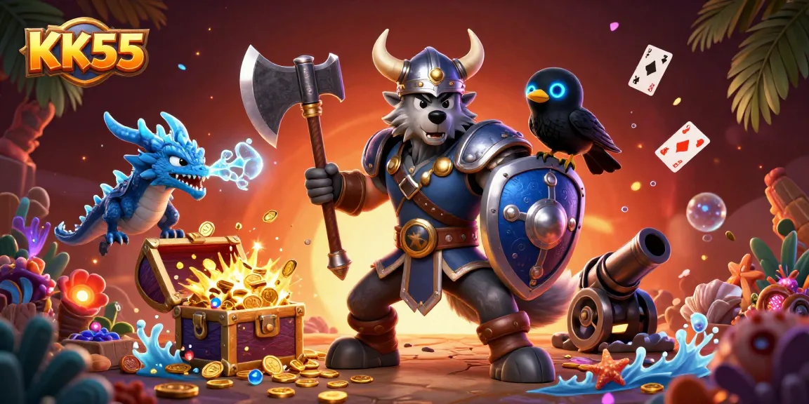 KK55 captures the thrilling world of online gaming with a Viking wolf warrior and treasure elements.