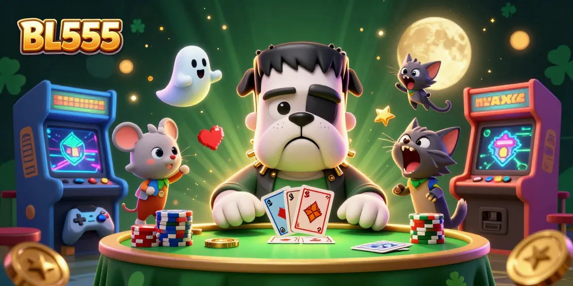 Engage in thrilling card games with BL555's lively cartoon creatures at a spooky casino table.