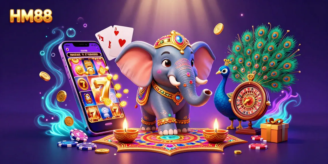 Experience winning excitement with HM88 as vibrant gaming elements abound in a colorful 3D casino illustration.