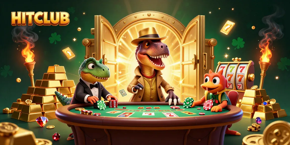 Experience the thrill of HITCLUB at a blackjack table with cartoon dinosaurs in a vibrant casino scene.