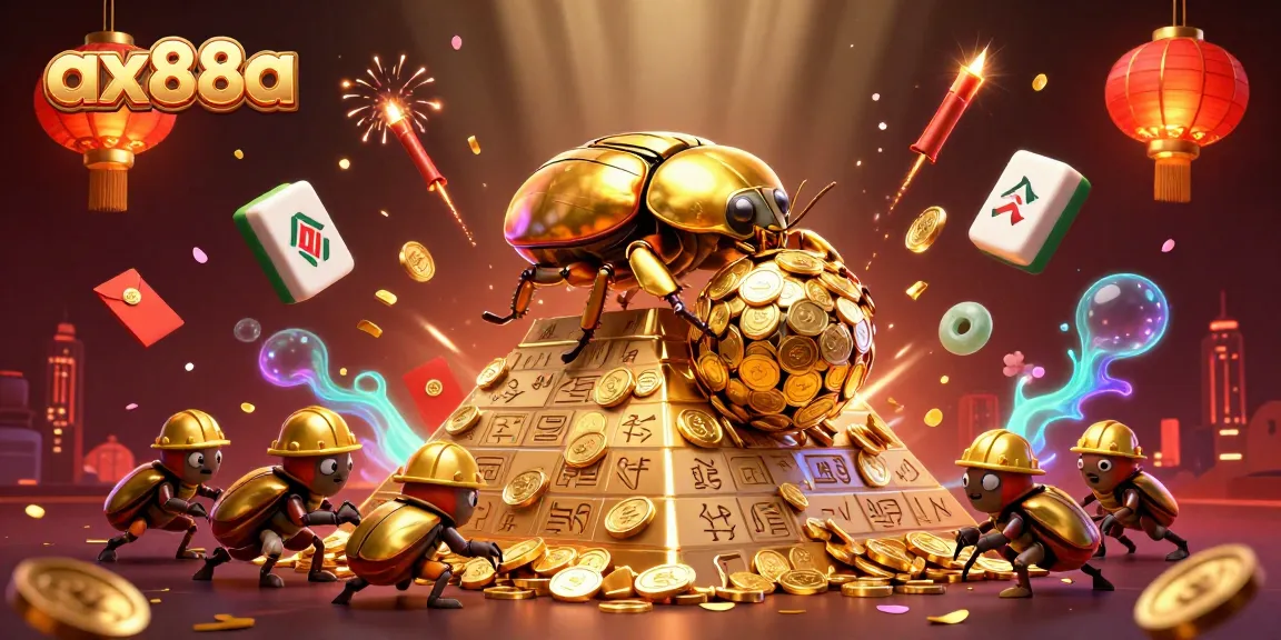 Engage in the thrilling atmosphere of ax88a with golden dung beetles and casino symbols in a vibrant 3D setting.