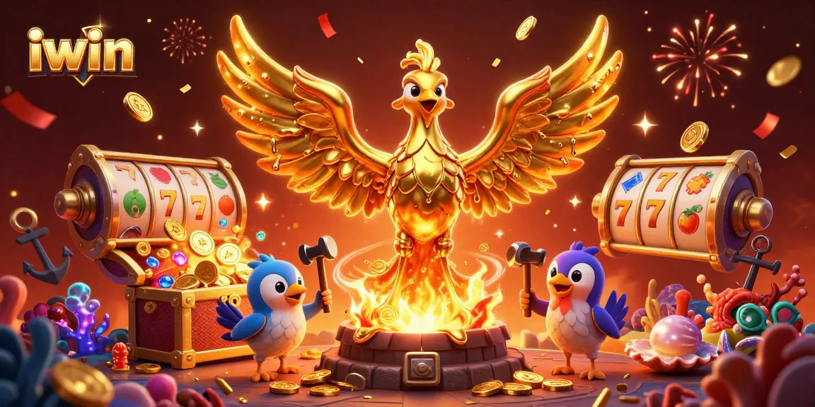 Play exciting games at iwin, featuring a golden phoenix and rich casino elements in a vibrant scene.