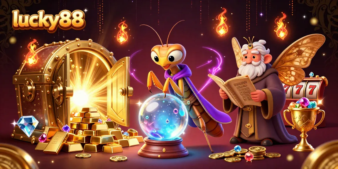 Engage with lucky88's vibrant casino magic featuring a fortune teller, librarian, and dazzling treasures.