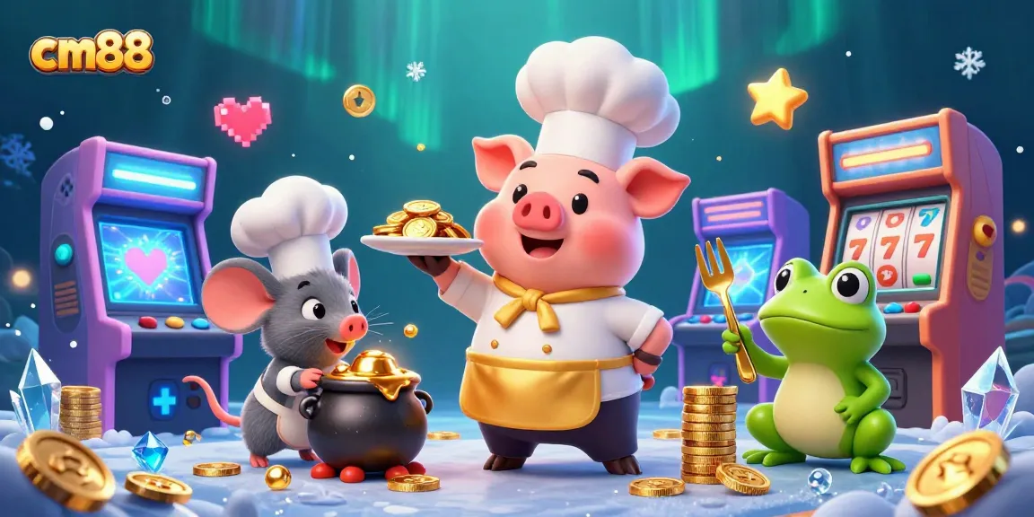Experience luxury with cm88, featuring a chef pig serving gold coins amidst vibrant casino-themed elements.