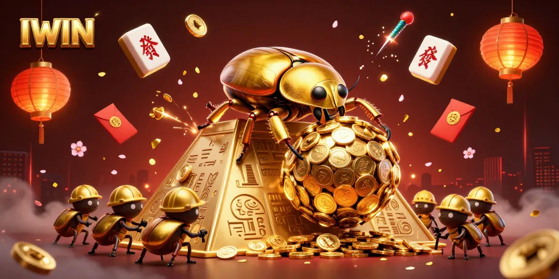 IWIN casino scene featuring a golden dung beetle rolling a massive coin ball, surrounded by gaming elements.