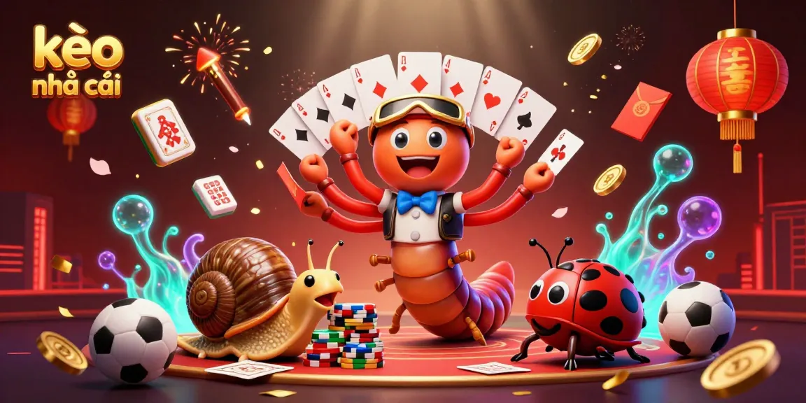 Engaging illustration showcasing kèo nhà cái with a vibrant casino scene featuring a millipede dealer, high-roller snail, and lively betting elements.