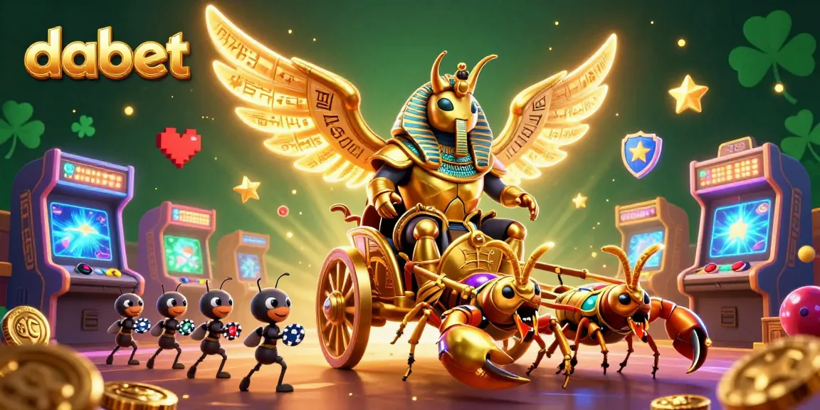 dabet showcases a vibrant 3D casino scene with a colossal scarab beetle and gaming elements, creating excitement for gamblers.