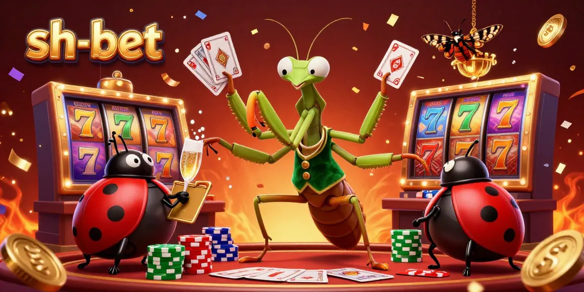 Engage in thrilling gameplay at sh-bet with a lively casino scene featuring a giant praying mantis and ladybug pit boss.