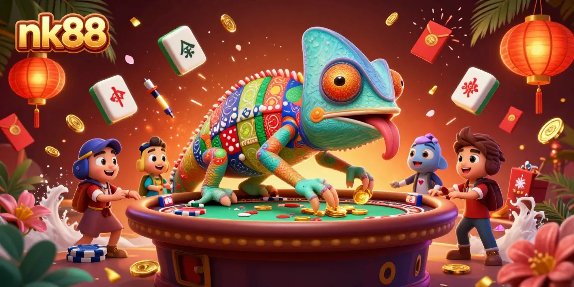 Experience the vibrant gaming world of nk88 with a chameleon casino owner amidst dynamic elements.