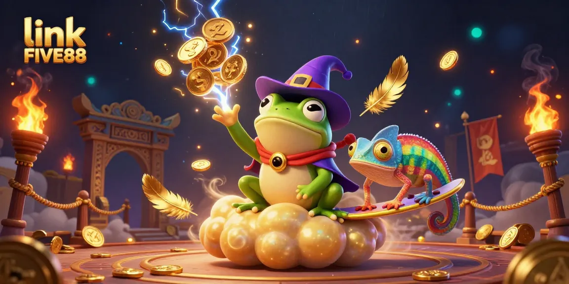 Engage with link FIVE88 as the weather wizard frog creates a golden coin storm thrilling players.