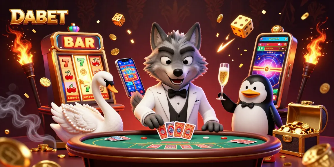 DABET online gaming scene showcasing a debonair wolf and elegant characters at a baccarat table.