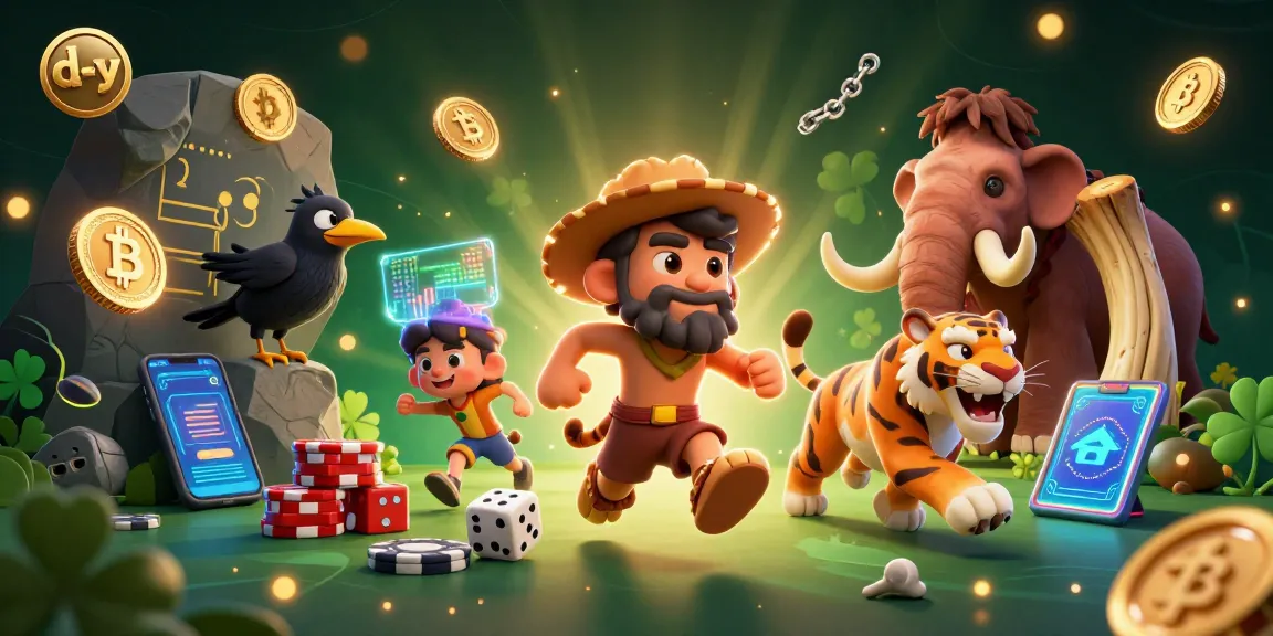 Engage in d-y casino action with a vibrant 3D illustration of a caveman, tiger, and crow among neon crypto elements.