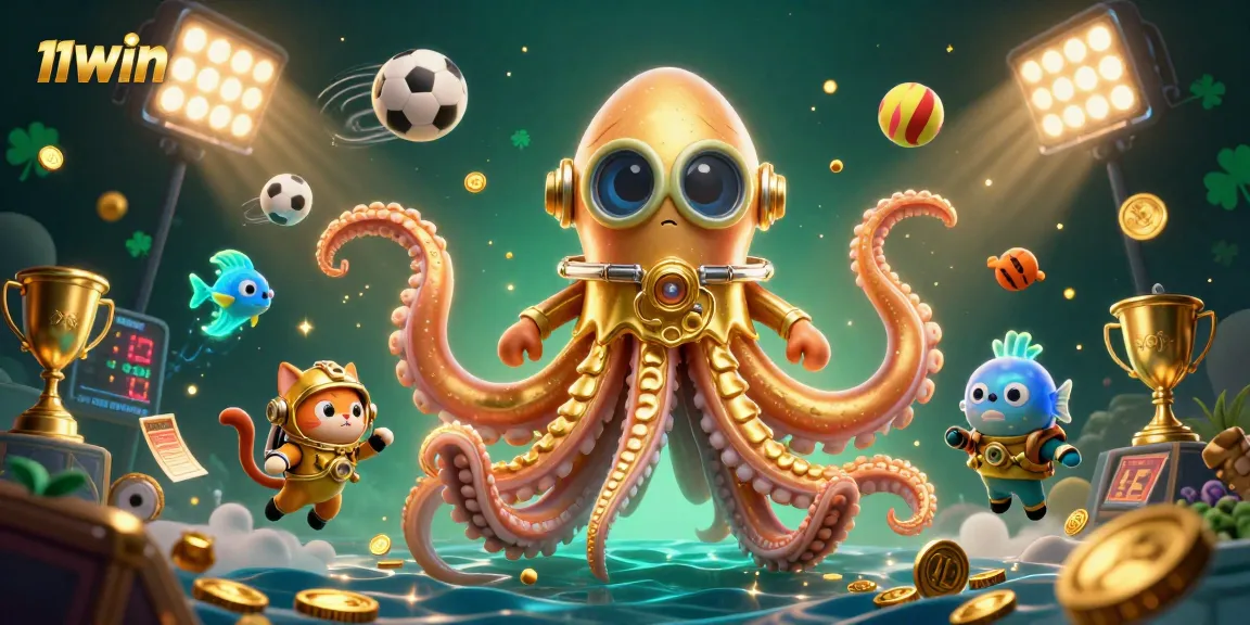 Engage with 11WIN's action-packed gaming scene featuring a kraken, diving cat, and vibrant sports elements.