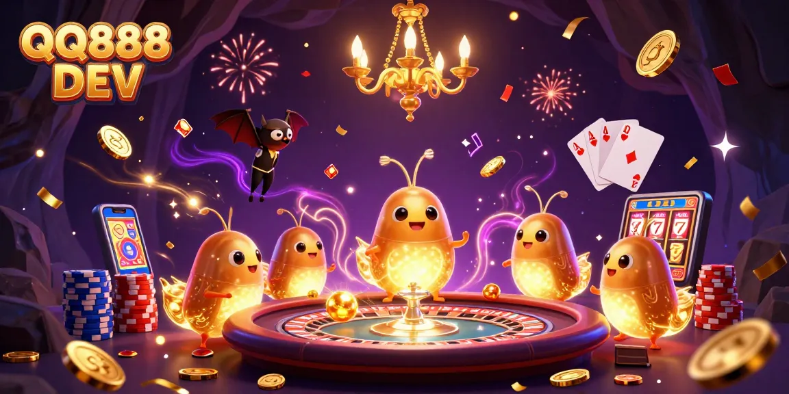 Experience the excitement of QQ888 DEV with an illuminated cave casino scene featuring lively glowworms and a bat dealer.