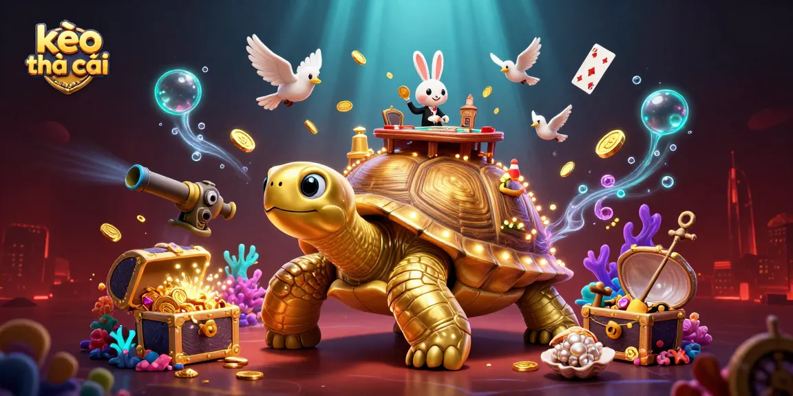 Engage with kèo nhà cái in a stunning 3D casino scene featuring a golden tortoise and rabbit dealer amidst underwater treasures.