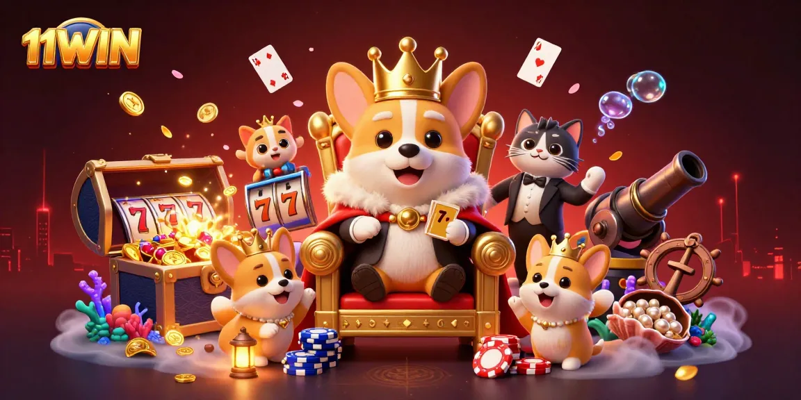 Join the 11WIN adventure with a royal corgi and cat butler in a vibrant, detailed casino scene!