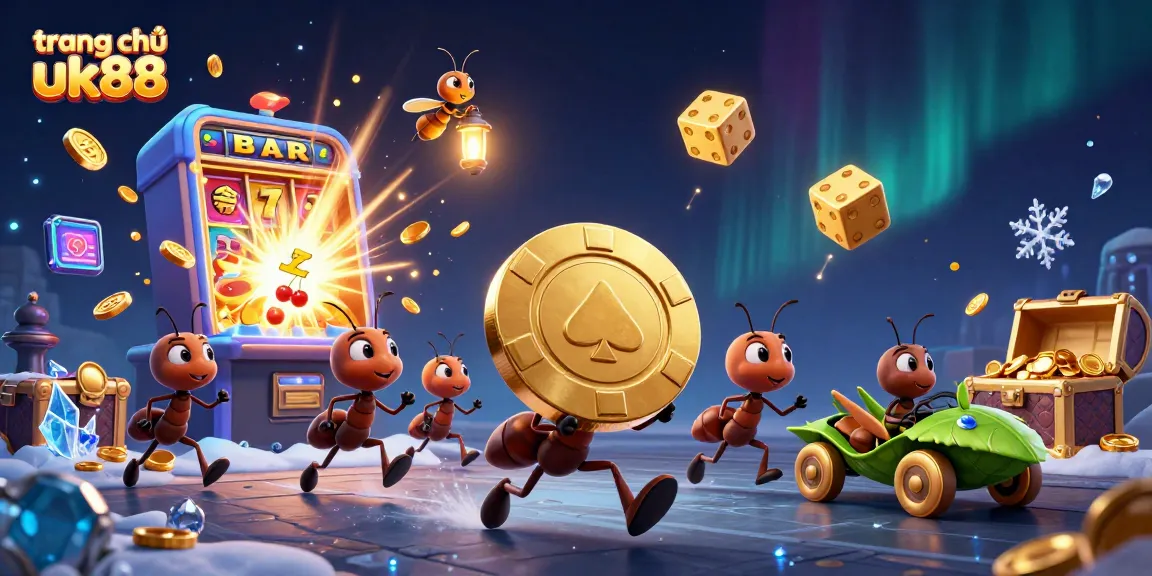 Experience the thrill of winning at trang chủ uk88 with a heist scene featuring playful 3D ants and casino elements.