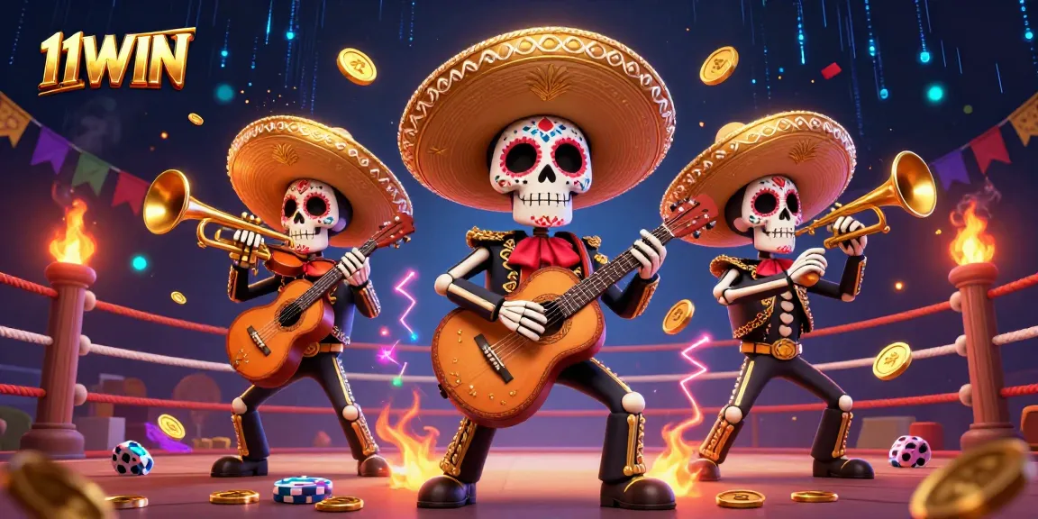 Experience the excitement of 11WIN with a vibrant Day of the Dead mariachi scene, rich in casino elements.