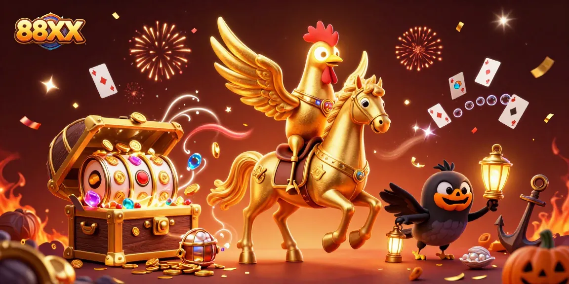 Engage with the magical 88XX experience as the golden rooster gallops through a dynamic casino.