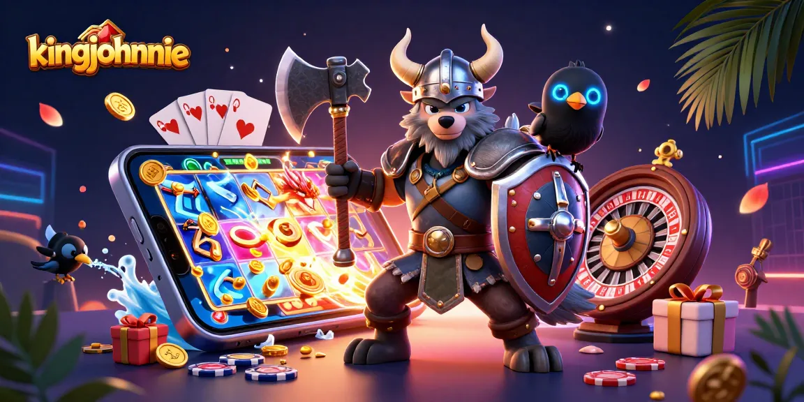 Experience thrilling gameplay with kingjohnnie in this vibrant 3D casino scene featuring iconic game elements.
