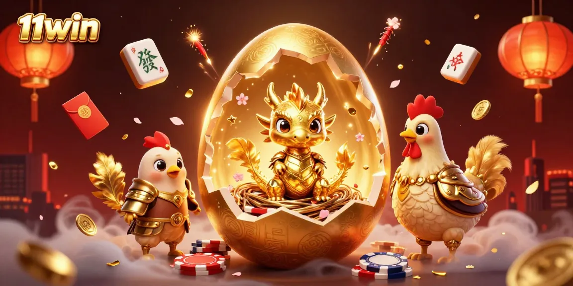 Join the excitement at 11WIN as a golden dragon plays amidst gaming elements.
