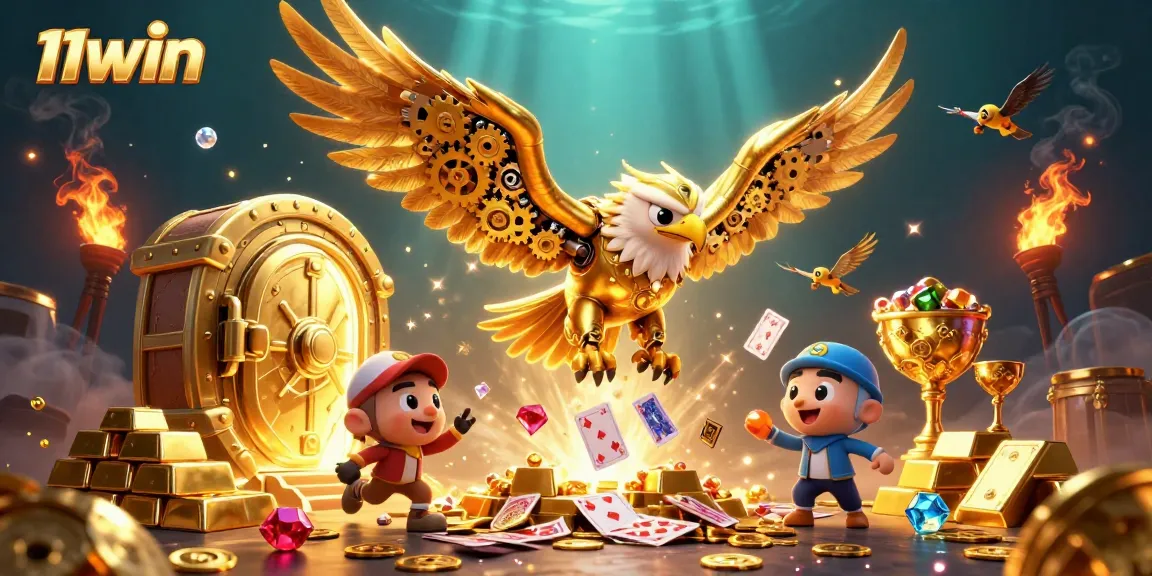 Engage with 11WIN's thrilling gaming scene featuring a cybernetic eagle among treasure.