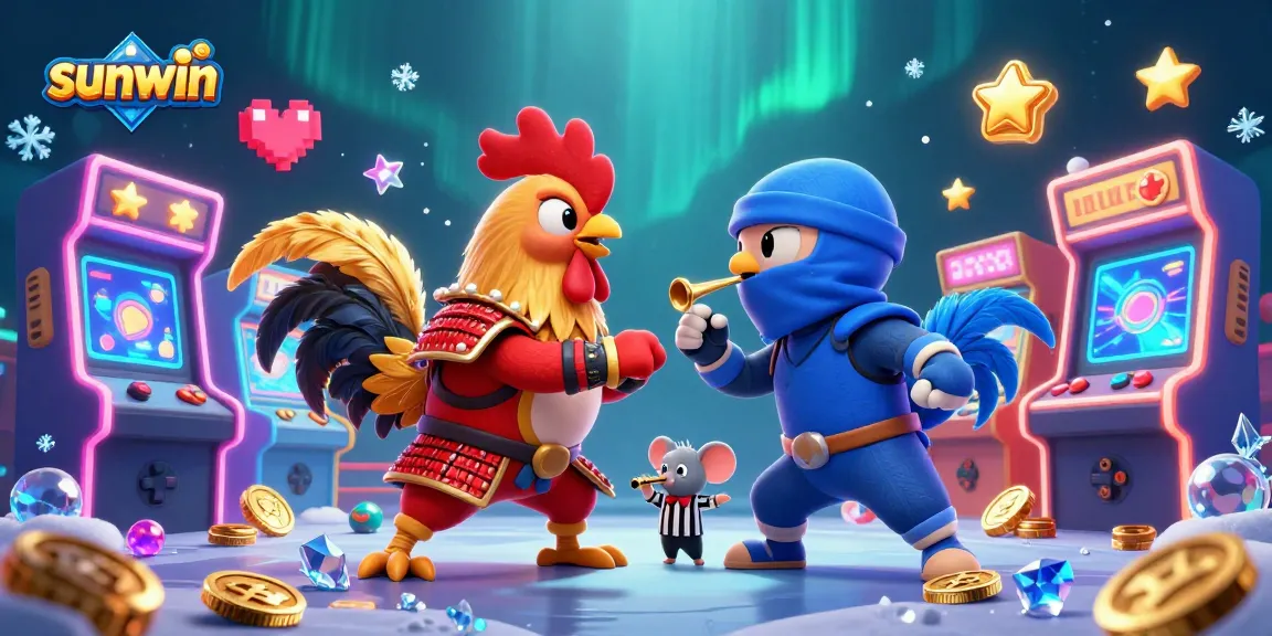 Engage in thrilling battles with sunwin's roosters in a vibrant casino arcade scene.
